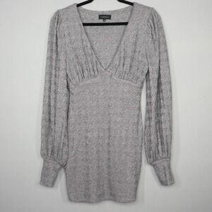 MAJORELLE Womens Mini Dress XS Lucie V-Neck Bishop Long Sleeve Houndstooth Knit